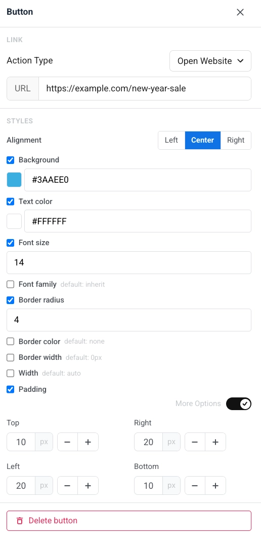การตั้งค่า Button Styles ในแผงด้านขวาพร้อม Alignment, Background, Text color, Font size, Border radius, และ Padding