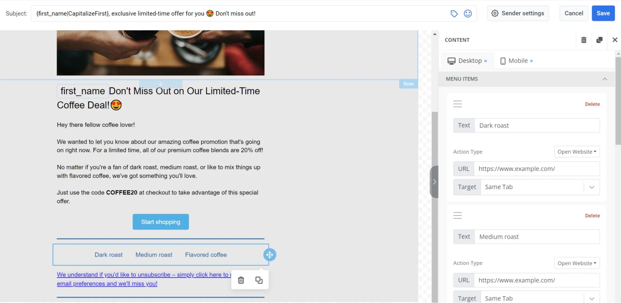 링크가 있는 이메일 메뉴 추가