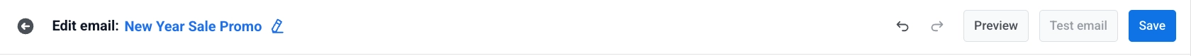 แถบด้านบนของเครื่องมือแก้ไขอีเมลพร้อมชื่อเทมเพลต, Undo, Redo, Test email, และ Save