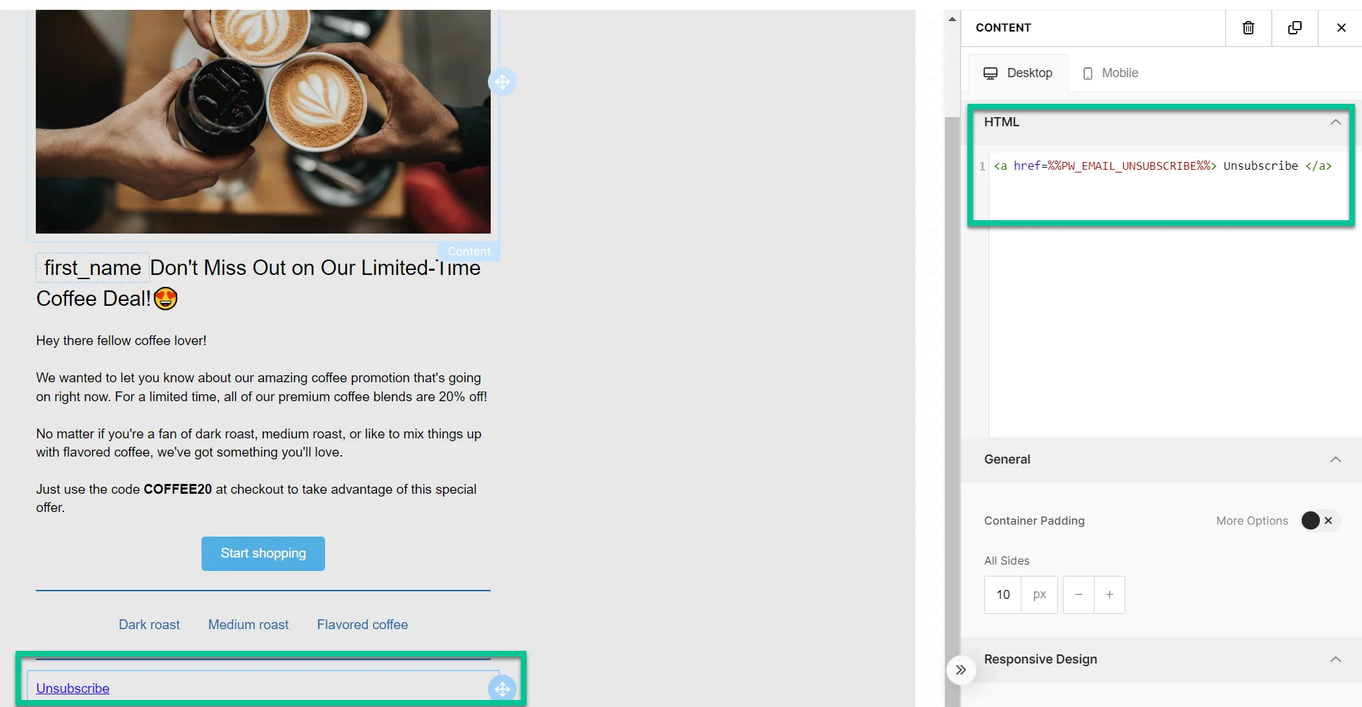 구독 취소 링크의 HTML 코드