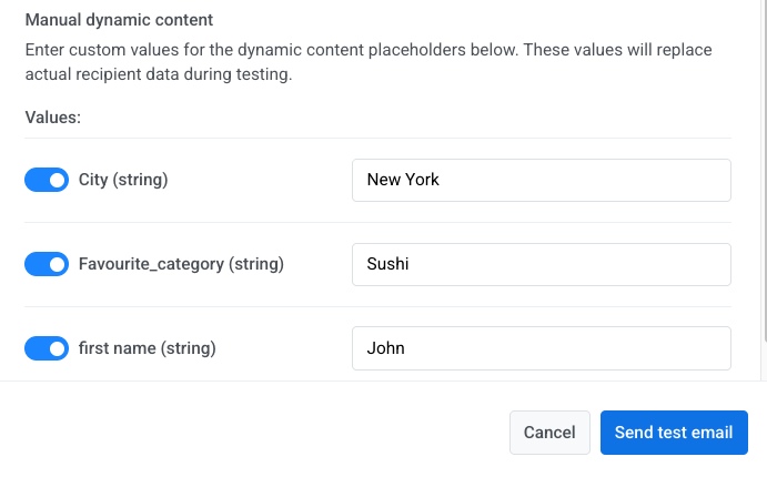 Enter test values for personalization