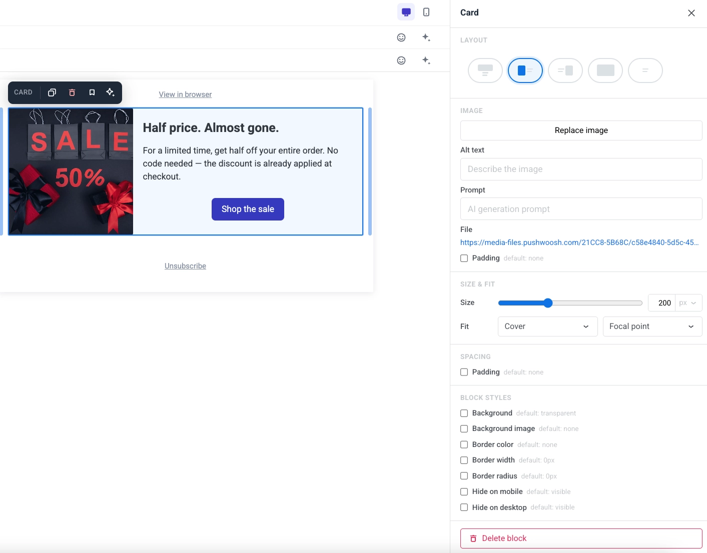 Card block settings panel with Layout, Image, Size and fit, and Spacing options
