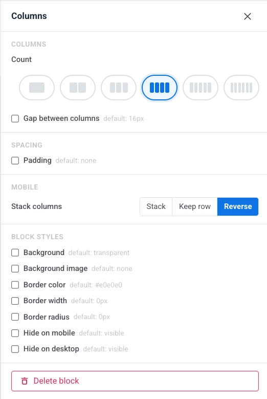 Mobile section in the right panel with Stack, Keep row, and Reverse options for a Columns block