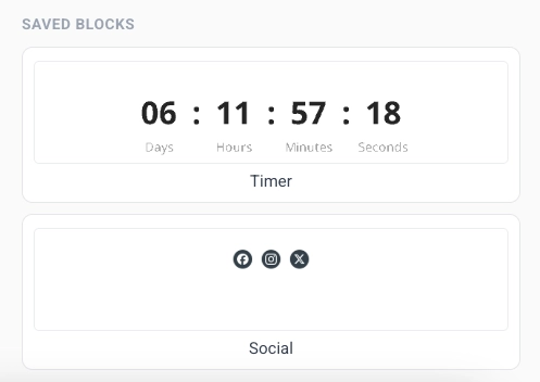 Saved blocks section at the bottom of the Blocks tab with saved block tiles and delete icons