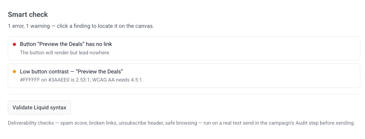 Smart check panel with a button link error, a contrast warning, and a Validate Liquid syntax button