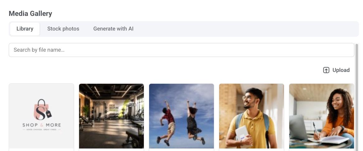 Media Gallery with Library, Stock photos, and Generate with AI tabs, and a search by file name field