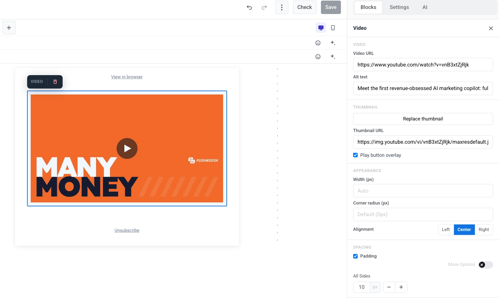 Video block settings with Video URL, Alt text, Thumbnail URL, Play button overlay, Width, Corner radius, and Alignment