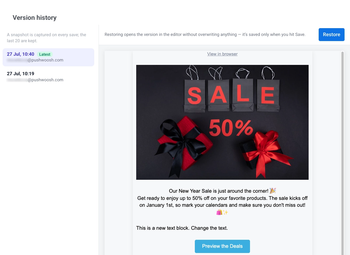 Version history panel with saved versions on the left and an email preview on the right