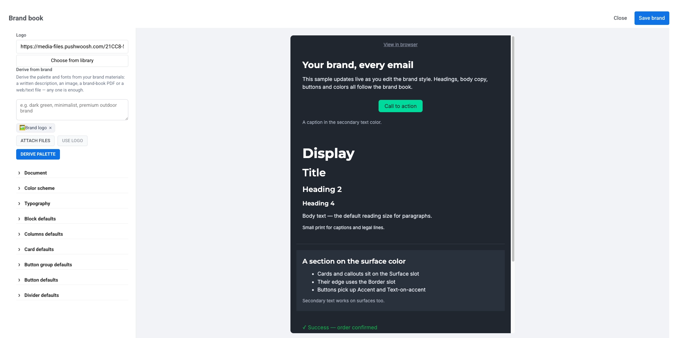 Brand book editor with logo and Derive from brand settings on the left and a live preview in the center