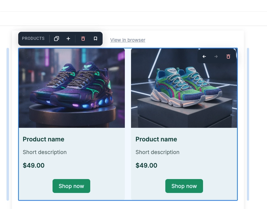 Products block on the canvas with a grid of product cards