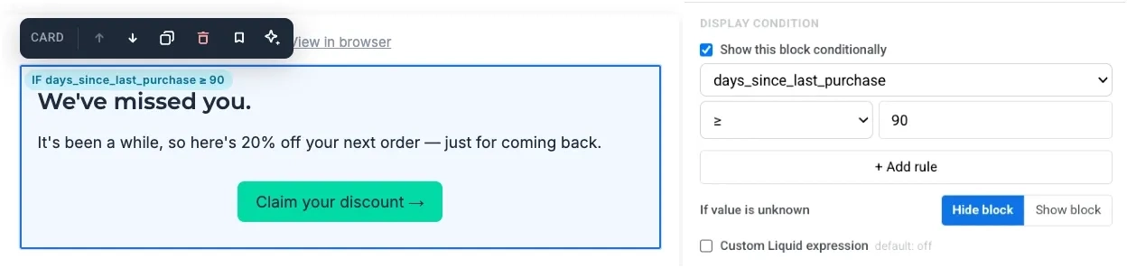 Display condition for Block 1 with days_since_last_purchase greater than or equal to 90 and Hide block selected