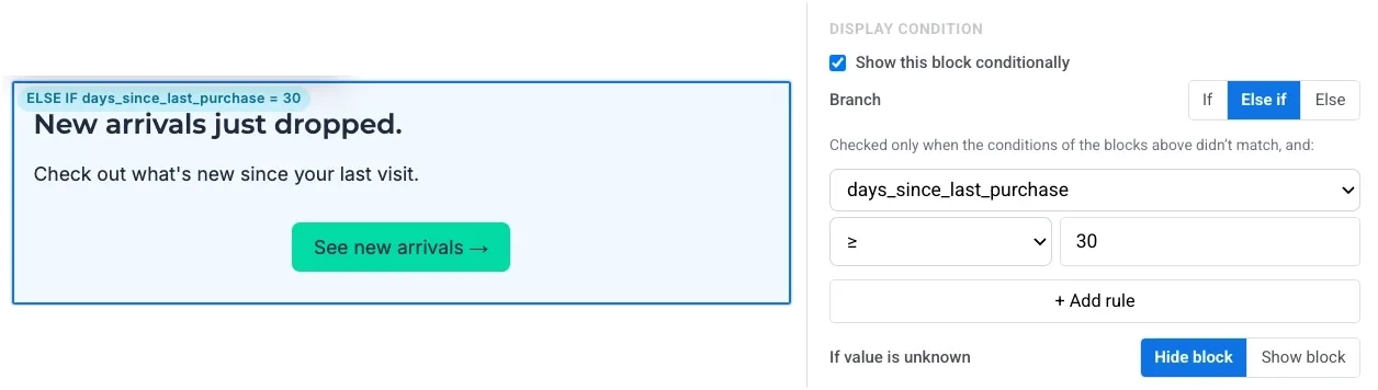 Display condition for Block 2 with days_since_last_purchase greater than or equal to 30 and Branch set to Else if