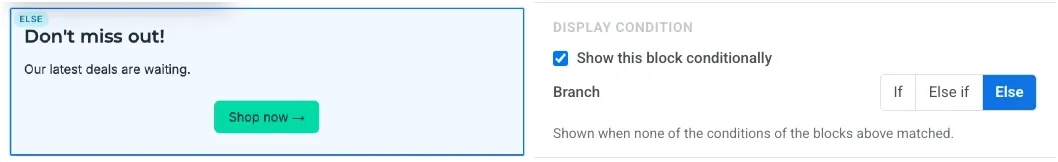 Display condition for Block 3 with Branch set to Else and no Tag rule