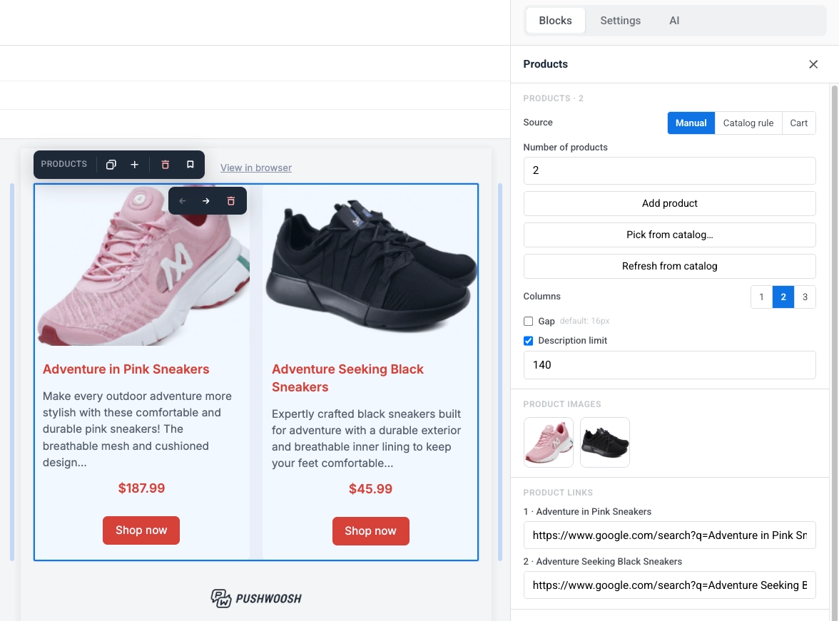 Configuración de fuente manual para el bloque de Productos con Agregar producto, Elegir del catálogo, Actualizar desde el catálogo, Imágenes de productos y Enlaces de productos