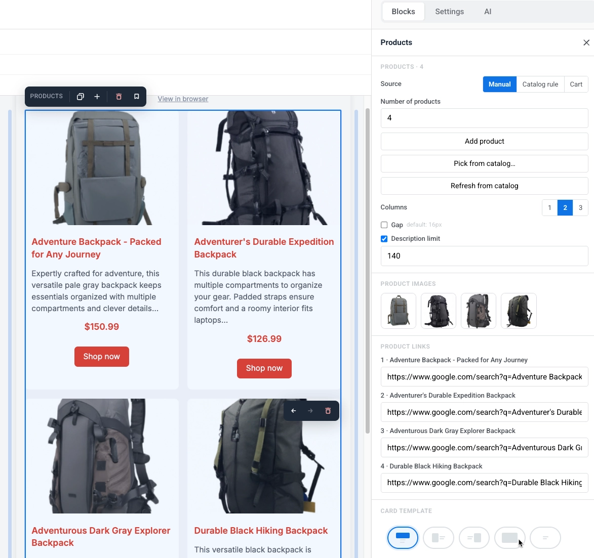 Configuración de fuente de regla de catálogo para el bloque de Productos con Categoría, Ordenar, Número de productos y Actualizar vista previa
