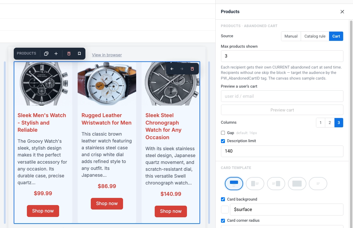 Configuración de fuente de carrito para el bloque de Productos con Máximo de productos mostrados y Previsualizar el carrito de un usuario