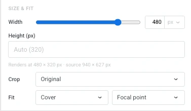 Paramètres de taille et d'ajustement pour un bloc Image avec Largeur, Hauteur, Recadrage défini sur Original, Ajustement défini sur Couvrir, et Point focal