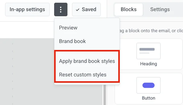 In-app editor kebab menu with Preview, Brand book, Apply brand book styles, and Reset custom styles