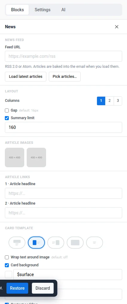 Panneau de paramètres des Actualités avec l'URL du flux, les boutons Charger et Choisir des articles, et les options de Mise en page et de Modèle de carte