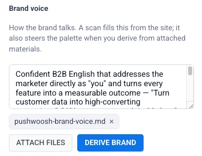The Brand voice field in Brand book, filled in from a website scan