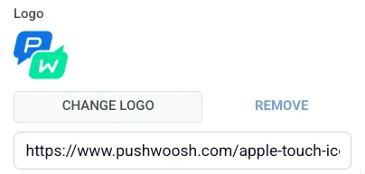 Sección de logotipo con vista previa, botones Cambiar logotipo y Eliminar, y campo de URL de imagen alojada