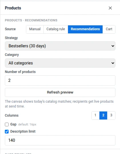 Products block settings with Source set to Recommendations, a Strategy selector set to Bestsellers (30 days), Category, Number of products, and Refresh preview
