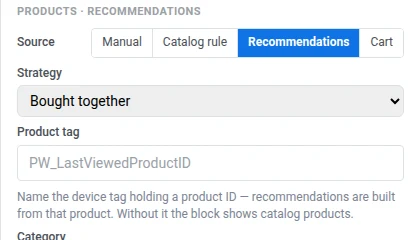 Product tag field for the Bought together strategy with placeholder PW_LastViewedProductID and a hint explaining the tag holds a product ID the recommendations are built from