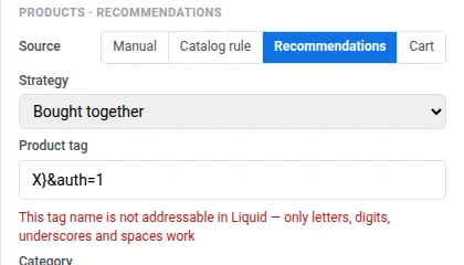 Product tag field showing an invalid tag name with the inline error: this tag name is not addressable in Liquid, only letters, digits, underscores and spaces work