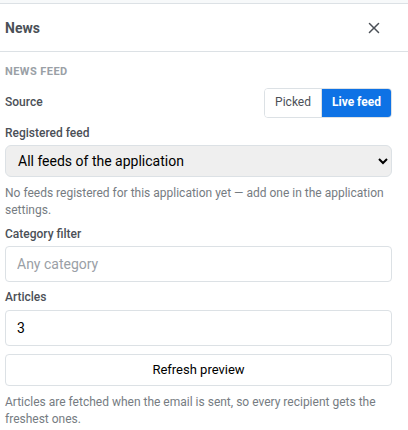Panel de configuración de Noticias con Fuente establecida en Feed en vivo, un selector de Feed registrado, filtro de Categoría, contador de Artículos y botón de Actualizar vista previa