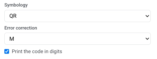 Barcode Symbology set to QR, Error correction M, and Print the code in digits checked