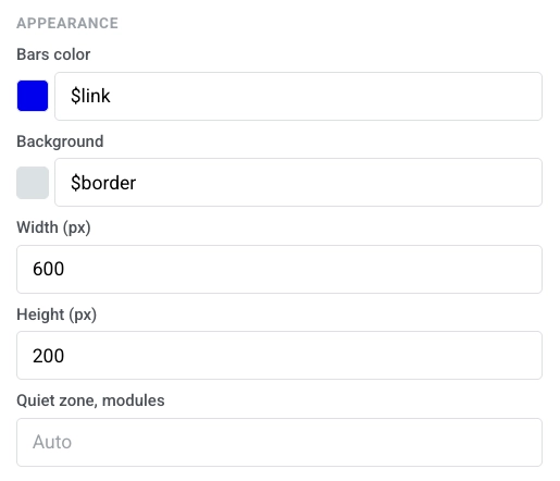 Barcode Appearance settings with Bars color, Background, Width, Height, and Quiet zone