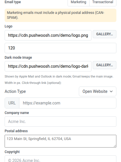 फुटर ईमेल प्रकार मार्केटिंग, CAN-SPAM नोट, लोगो URL चौड़ाई और क्लिक-थ्रू एक्शन प्रकार/URL फ़ील्ड के साथ सेट किया गया है, खाली कंपनी का नाम, डाक पता, कॉपीराइट
