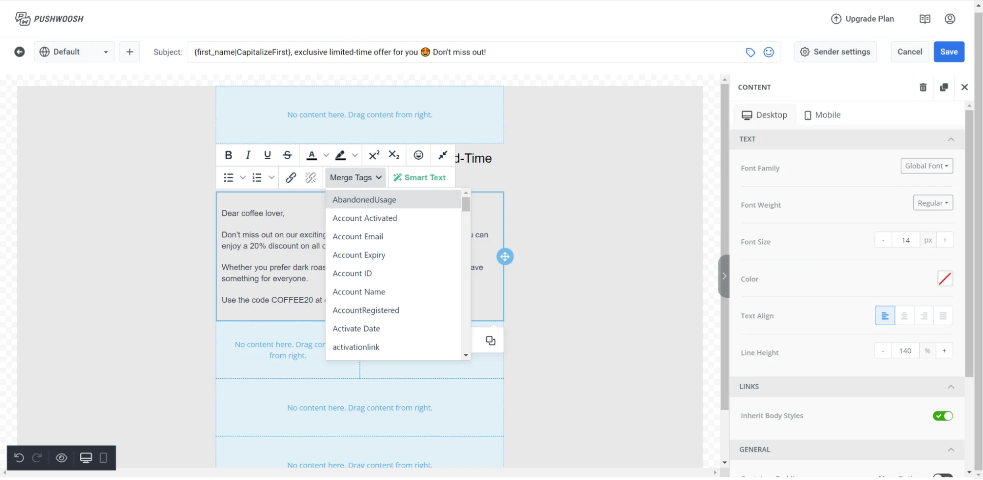 텍스트에 병합 태그 삽입