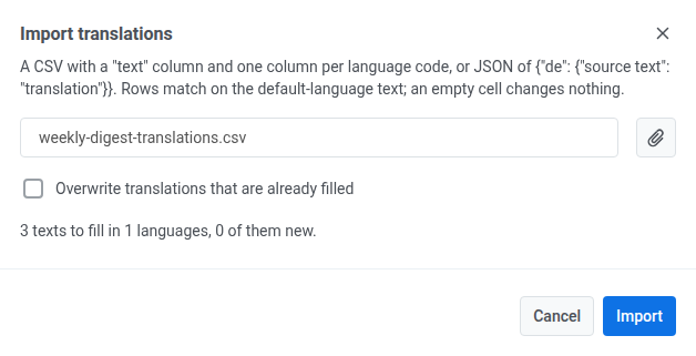 Diálogo de importación de traducciones con un archivo CSV elegido, la casilla de verificación de sobrescritura y un resumen de los textos a rellenar