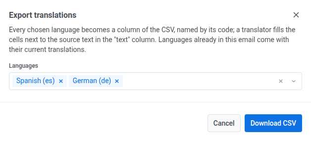 Diálogo de exportación de traducciones con un selector de idiomas precargado con los idiomas del correo electrónico y el botón Descargar CSV