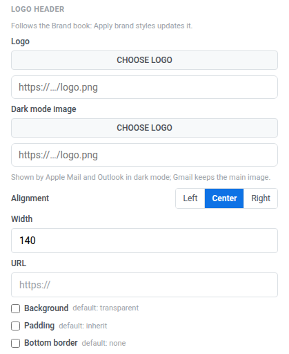 Logo header settings panel with Logo, Dark mode image, Alignment, Width, URL, Background, Padding, and Bottom border