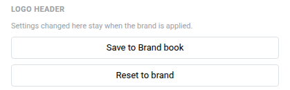 Logo header panel in the edited state, showing the changed hint plus Save to Brand book and Reset to brand buttons