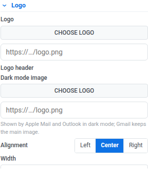 Brand book Logo accordion expanded, showing the Logo header sub-section with Dark mode image, Alignment, and Width fields