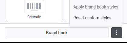 Pinned footer at the bottom of the Blocks tab with a Brand book button and a kebab menu open, showing Apply brand book styles and Reset custom styles