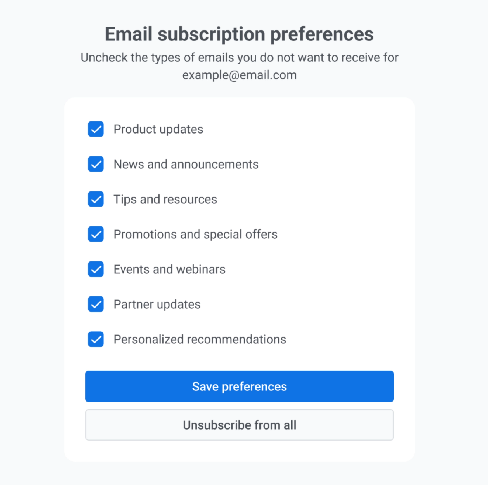 Preference center page showing all email categories and Unsubscribe from all option