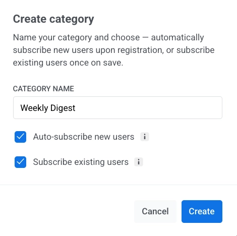 Create category modal with Category name field and options to auto-subscribe new and existing users