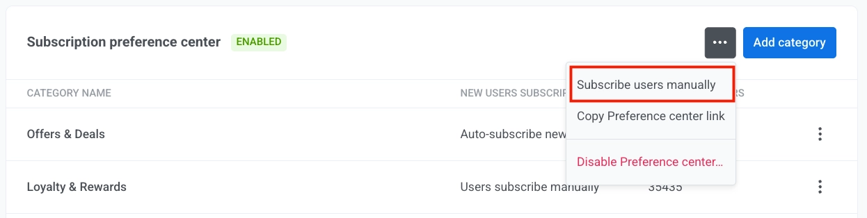Import CSV page with Import subscription categories tile for uploading category subscriptions from CSV