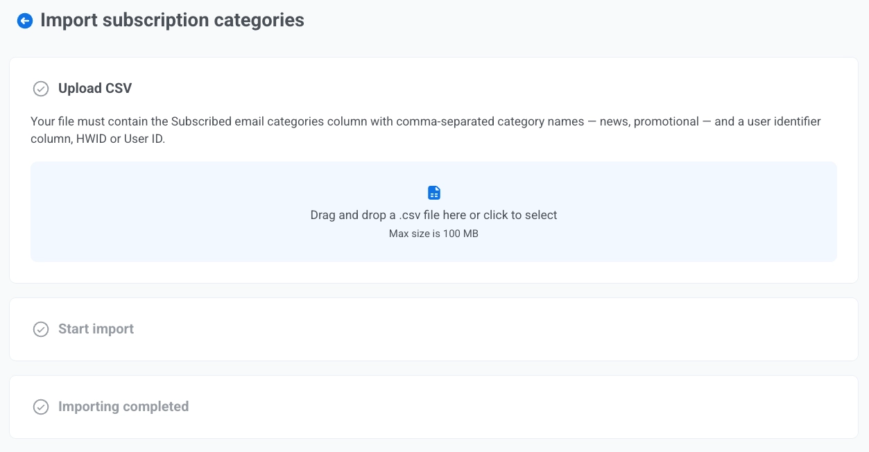 Import subscription categories screen with Upload CSV section and file validation before import start