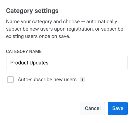 Category settings modal with Category name field and Save button