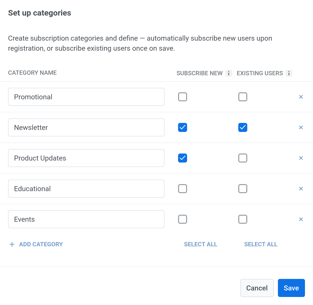 Set up categories modal with category names and Subscribe new and Existing users columns