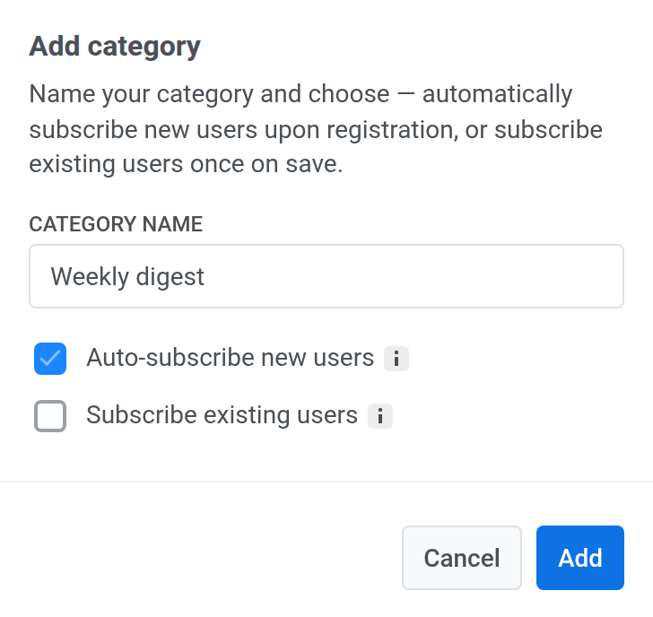 Add category modal with Category name field and options to auto-subscribe new and existing users