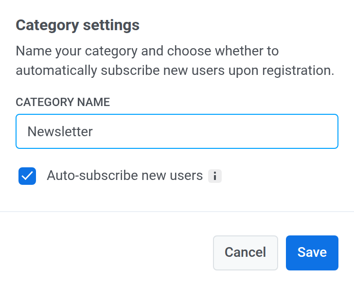 Category settings modal with Category name field, Auto-subscribe new users checkbox, and Save button