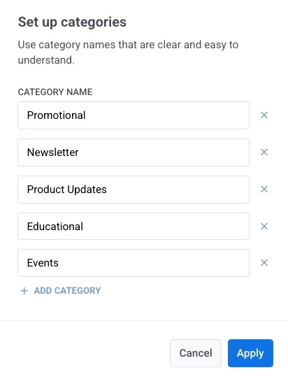 Modal for adding email preference categories with name fields and Apply button