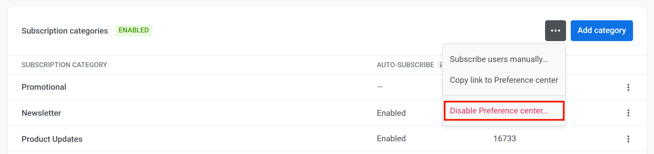 Three-dot menu of the Subscription categories section with the Disable Preference center option highlighted