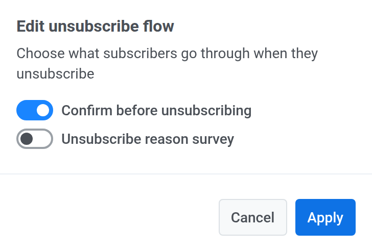 Edit unsubscribe flow modal with Confirm before unsubscribing and Unsubscribe reason survey switches
